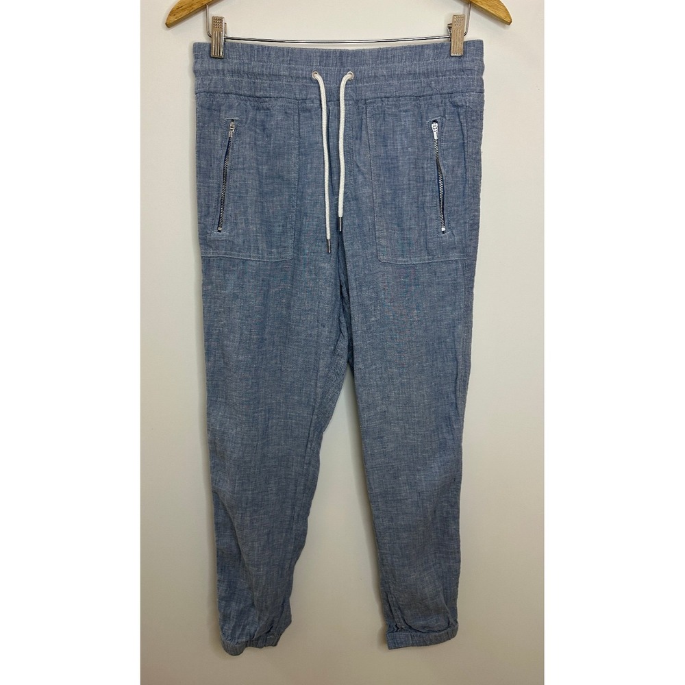 Athleta Cabo 100% Linen Jogger Pants Chambray Blue Resort Beach Zip Pockets 6 - Picture 2 of 16